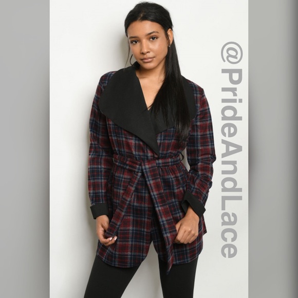 🔴⚫️BLACK BURGUNDY CHECKERED TRENCH JACKET⚫️🔴 - Picture 3 of 10